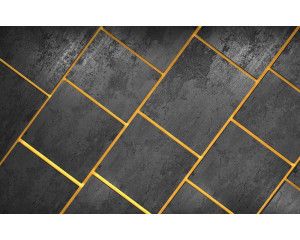 Moderne fotobehang tegels in zwart met gouden voegen, strakke grijze achtergrond.