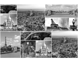 Fotobehang met een monumentencollage uit Parijs, met de Eiffeltoren in vliesbehangstijl.