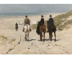 Fotobehang met een schilderij van Anton Mauve, Morgenrit langs het Strand, waarop ruiters te paard richting het strand rijden.