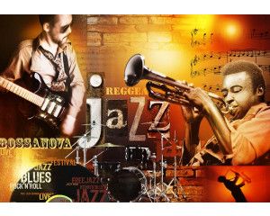 Een fotobehang van muziekinstrumenten in retro jazz-stijl met abstracte accenten.