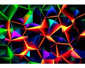 Fotobehang met scherpe digitale fragmenten in een kleurrijke neonmix van rood, paars, groen, blauw en geel.