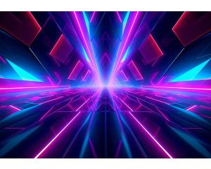 Fotobehang met een felgekleurde neon tunnel in 3D, met roze en blauwe lichtstralen die een futuristisch effect creëren.