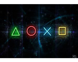 Fotobehang met verlichte PlayStation-symbolen in neonkleuren op een zwarte en blauwe achtergrond.
