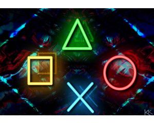 Fotobehang met felverlichte PlayStation-symbolen in neonkleuren op een donkere, futuristische achtergrond.