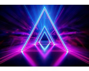 Fotobehang met neonblauwe en neonroze driehoeken die samen een futuristische tunnel vormen met een sterk 3D-effect.