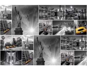 Fotobehang van een New Yorkse collage, met het Vrijheidsbeeld en een gele taxi.