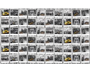Fotobehang met een fotocollage uit New York, met foto's van het Vrijheidsbeeld en een gele taxi.