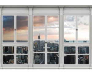 3D-fotobehang met uitzicht op de stad New York door een raam, inclusief skyline.