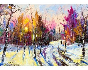 Olieverf schilderij fotobehang van een winters boslandschap, kunstzinnig en sfeervol.