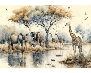 Fotobehang van olifanten en giraffen in de Afrikaanse savanne, perfect voor een speelse en avontuurlijke kinderkamer.
