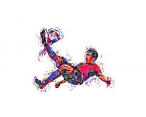 Fotobehang van een voetballer die een omhaal uitvoert, met de bal in volle vlucht richting het doel, vastgelegd op het hoogtepunt van de beweging.