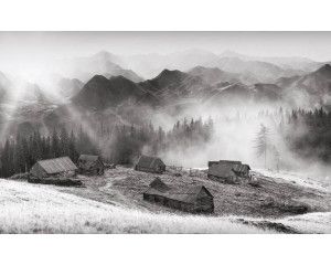 Fotobehang van een oude boerderij die verscholen ligt in de bergen, omgeven door dichte bossen en natuur.