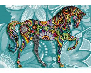 Fotobehang van paarden met een kunstwerk van bloemen, levendig en artistiek.