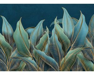 Een fotobehang met palmbladeren en gouden accenten, waarin weelderige tropische bladeren en subtiele goudtinten zorgen voor een luxe en exotische uitstraling.