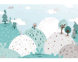 Fotobehang van pastel bergen, speelse kleuren voor babykamers.