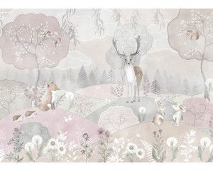 Fotobehang met een betoverende wereld van pastelkleurige bosdieren, perfect voor een zachte en fantasierijke uitstraling.