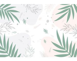 Fotobehang met pastelkleuren en kunstzinnig bladerenpatroon.