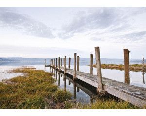 Fotobehang van een pier aan een meer, serene natuurlijke omgeving.