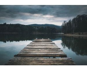 Fotobehang van een houten pier die zich uitstrekt over een rustig meer, omgeven door een weelderig natuurlandschap.
