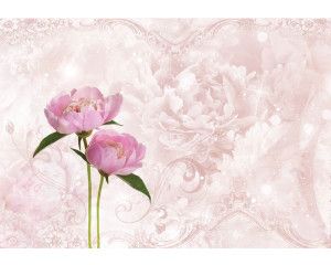 Roze pioenrozen en rozen in volle bloei, met een abstracte achtergrond voor een artistieke touch op dit fotobehang.