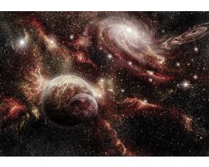 Planeten en sterren in het heelal, prachtig weergegeven op dit fotobehang met een diepe en mysterieuze ruimte.