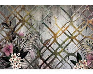 Fotobehang van planten met gouden ornamenten en bloemen, sierplanten in abstract design.