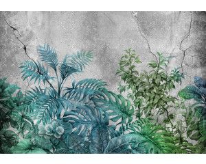 Fotobehang planten op beton, groene jungle tegen een industriële achtergrond.