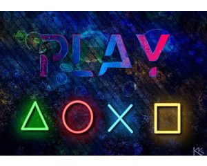 Fotobehang met het woord Play en neonverlichte PlayStation-symbolen op een blauw met zwarte achtergrond.