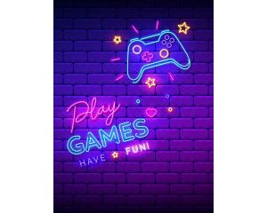 Fotobehang met heldere neon letters en een gamecontroller, ontworpen voor een speelse gameroom. De felle kleuren en gaming-symbolen maken het een perfecte aanvulling voor elke game-omgeving.