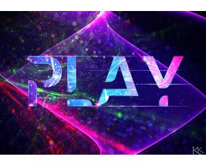 Fotobehang met het woord Play in grote letters, omringd door paarse neonkleuren en een futuristische gloed.