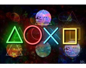 Fotobehang met neonverlichte PlayStation-symbolen op een futuristische zwarte achtergrond.