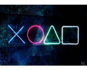 Fotobehang met neonverlichte PlayStation-symbolen op een donkere achtergrond in een strak, futuristisch ontwerp.