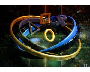 Fotobehang met de PlayStation-symbolen in het midden van drie ringen, geplaatst in een futuristisch universum.