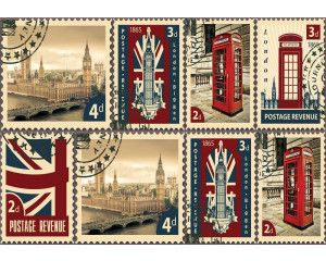 Fotobehang van een postzegelcollage uit Londen, met iconische stadsbeelden in vliesbehangstijl.