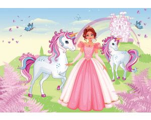 Fotobehang van een prinses met unicorns en een kasteel, sprookjesachtig en magisch.