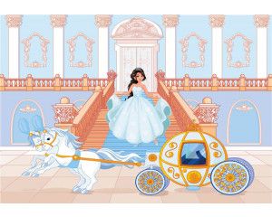 Fotobehang van een prinses met een koets op een bal, romantisch en betoverend.