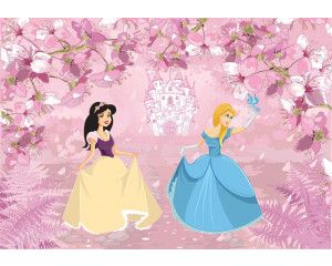 Fotobehang van een sprookjeskasteel met prinsessen, magisch en kleurrijk.