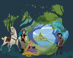 Rapunzel in het Bos fotobehang toont Rapunzel uit Disney's Tangled in een weelderig bos, omringd door bloemen en bomen.