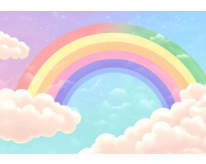 Fotobehang met een kleurrijke regenboog die door zachte wolken buigt tegen een lichtblauwe hemel.