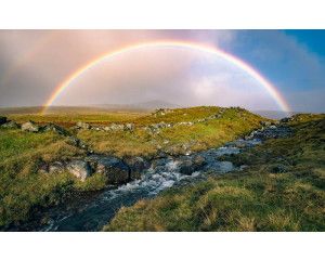 Regenboog eiland Vagar landschap fotobehang, met een betoverend uitzicht.