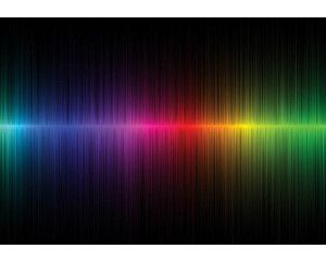 Fotobehang van een regenboogstraal die muziek en grafische vormen combineert, kleurrijke abstracte kunst.