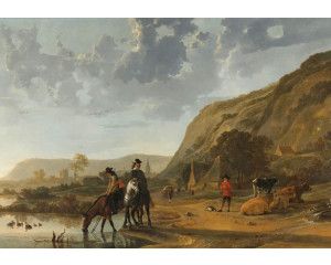 Fotobehang met een weids rivierlandschap aan de Waal bij Nijmegen, met twee ruiters die hun paarden drenken en een herder met zijn rustende kudde, geïnspireerd op Aelbert Cuyp’s meesterwerk.