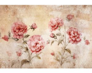 Fotobehang van rode anjers in een vintage stijl, met roze bloemen en antieke details.