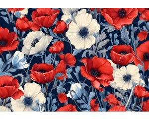 Rood-witte bloemen, waaronder grote klaprozen, zijn levendig afgebeeld op dit kleurrijke fotobehang.