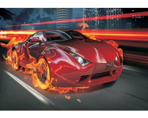 Fotobehang van een rode raceauto met vlammen, geschikt voor kinderkamers.