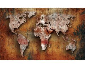 Roestige wereldkaart fotobehang, aarde in metaal, industrieel design.