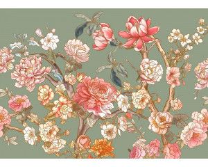 Een fotobehang met romantische bloesem, waarbij zachte roze en witte bloesems in volle bloei een dromerige en serene uitstraling creëren.