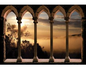 Fotobehang met 3D-perspectief van Romeinse pilaren en landschap.