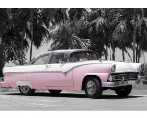 Roze klassieke auto aan een Cubaanse kustlijn, met palmbomen en de blauwe zee op de achtergrond, fotobehang dat een tropische retrostijl uitstraalt.