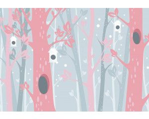 Fotobehang van roze bomen in een pastel sneeuwbos, zachte tinten.